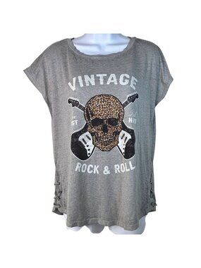 Wild Kiss Gray Vintage Rock & Roll Leopard Skull Graphic T-Shirt W/ Lace-Up Side
